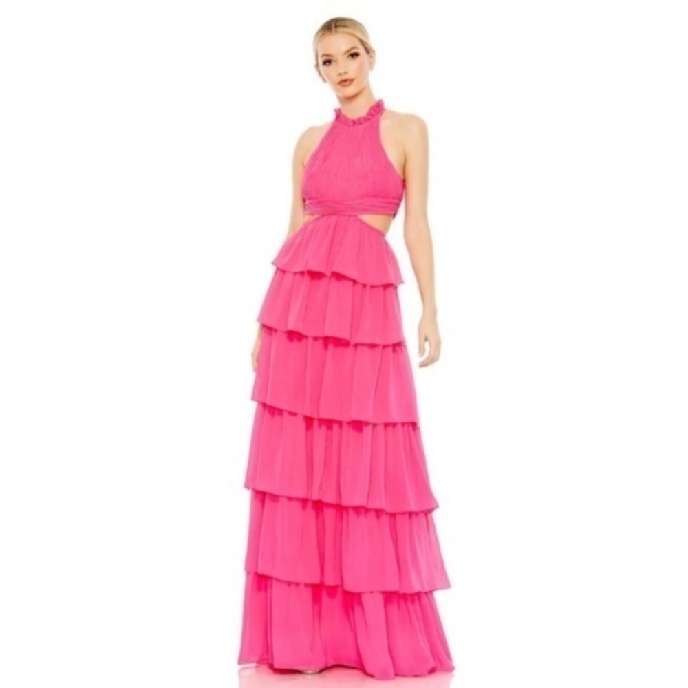 NWT Ieena Mac Duggal Tiered Ruffle High Neck Gown in Pink 55817